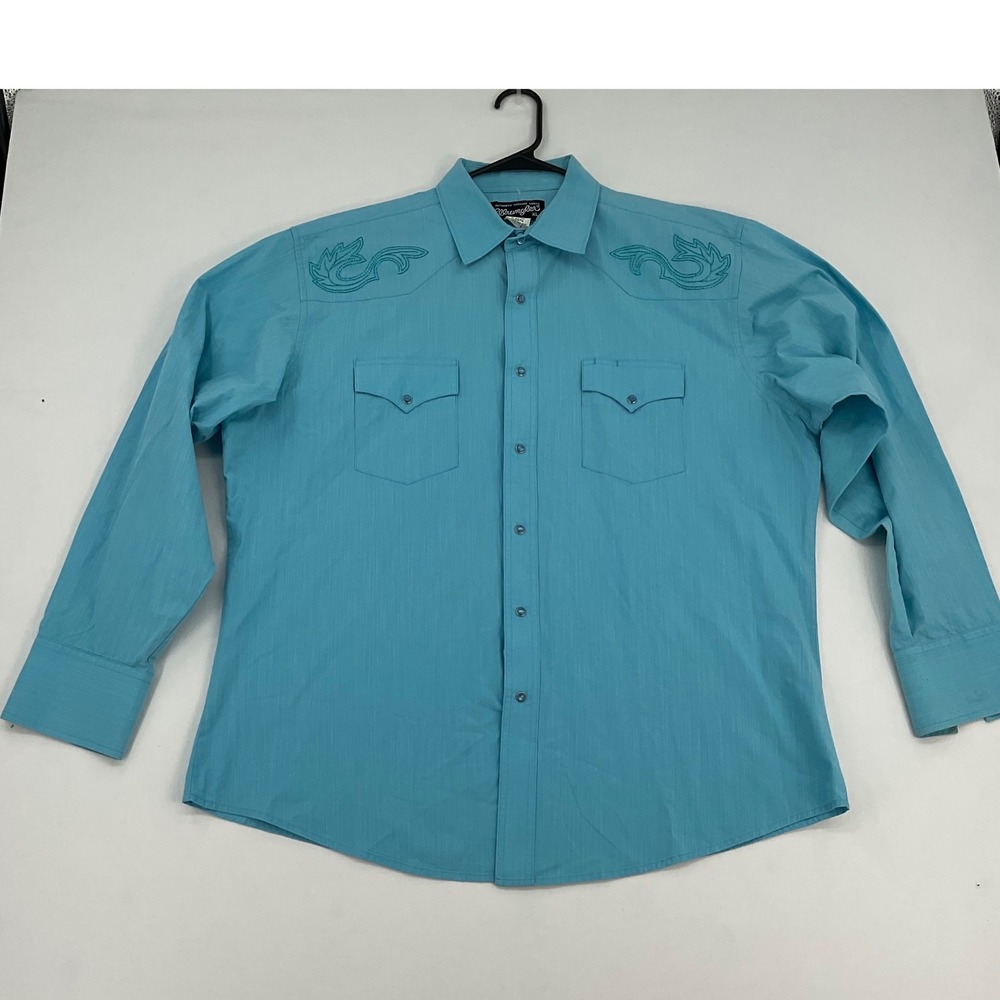 Wrangler Authentic Western Shirt Mens‎ XL Turquoise Pearl Snap Embroidered Yoke